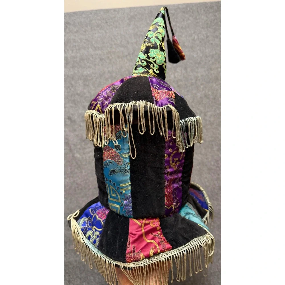 Colorful Renaissance Velvet Patchwork Jester Hat with Gold Fringe and Tassel